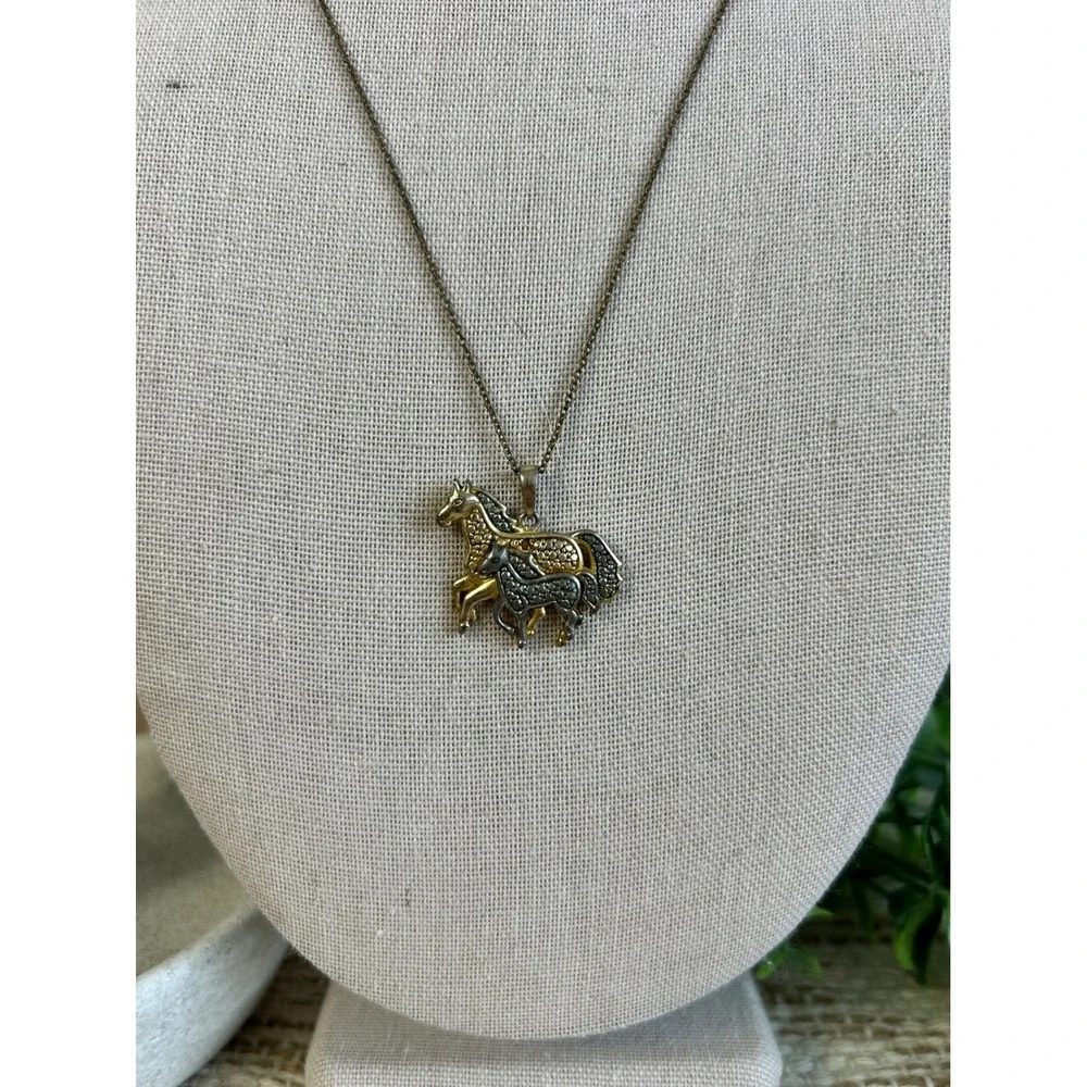 Vintage Two Tone Horse Pendant Necklace Gold Silver Equestrian Animal Jewelry